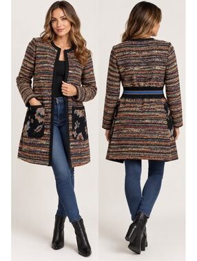 Dixie Italy Womens S Boucle Tweed Long Jacket Floral Pockets Wool Alpaca